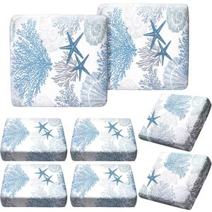 Hosuly 8 Pcs Summer Sofa Cushion Cover Patio Stretch Beach Outdoor Seat Cushions Covers Starfish Seashell Coral Replacement Couch Chair Slipcovers Coastal Sofa Seat Cover Flexibility