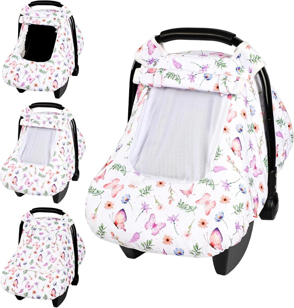 Pea Pod Car Seat Cover Baby, Infant Car Seat Canopy Covers with 2 Layers Windows of Breathable Mesh Fabric, Lightweight Polyester, Soft Minky Dot Backing (Butterfly Pattern)