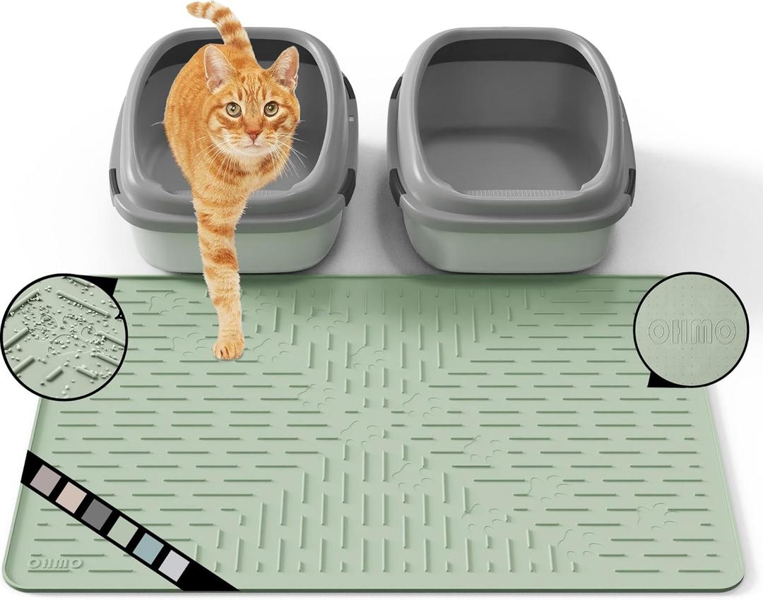 OHMO Cat Litter Mat Large Trapping Mat Premium Silicone Rubber 31.5x23.6 Sage Green, Waterproof and BPA Free Kitty Litter Box Mat, Easy to Clean and Keeps The Floor Tidy