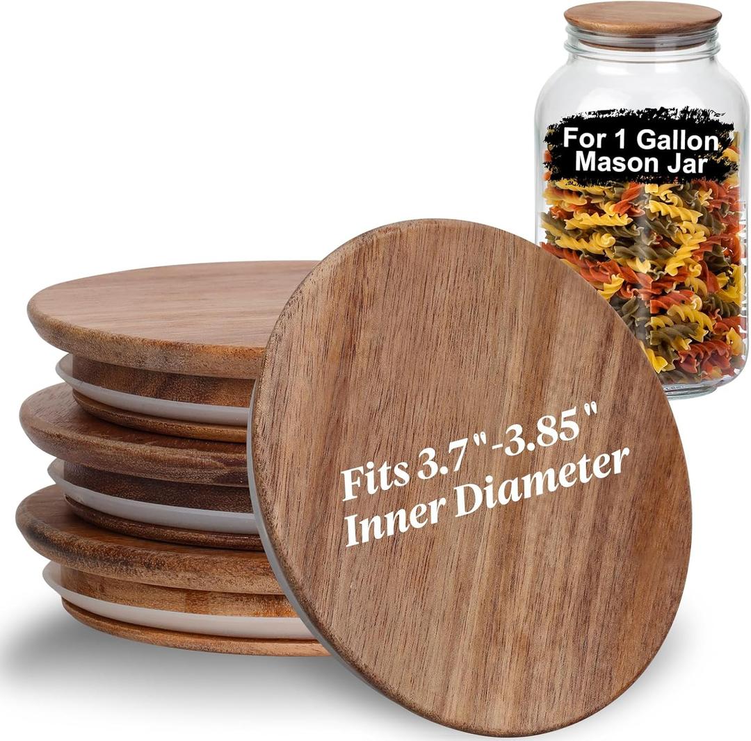 4 PCS 1 Gallon Mason Jar Lids Wooden Fits 3.7 Inch Inner Dia Replacement Mason Jar Lids Ball Glass Jar Lids Wooden Lid with Silicone Seal Canning Jars Lids Only for 1 Gallon Jars(4, Natural Acacia)