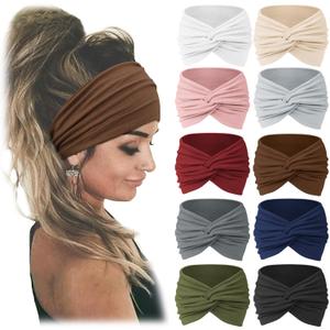Jesries 10 PCS Women Headbands African Wide Hair Wrap Extra Turban Head Bands for Lady Large Sport Workout Stretch Non-slip Big Hair Bands (Brown)