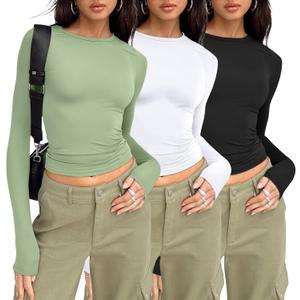 AUTOMET 3 Pack Womens Long Sleeve Crop Tops Basic Fitted T Shirts Slim Fit Crew Neck Y2K Layering Tees (X-Small)