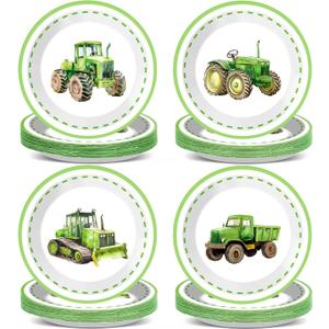 48 Pcs Tractors Birthday Party Decorations Green Tractor Plates 4 Styles Paper Plate Green Tractor Tableware Set Tractors Party Disposable Plates for Holiday Birthday Baby Shower Decors Supplies
