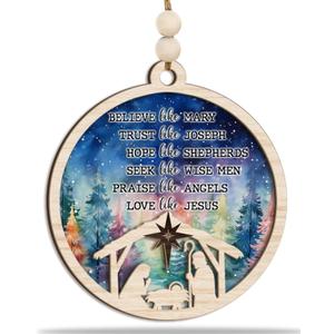 Nativity Christmas Ornament 2025  Believe Like Mary Wooden Round Religious Holiday Decoration with Holy Family & Inspirational Message  Christian Christmas Tree Ornament & Faith Gift