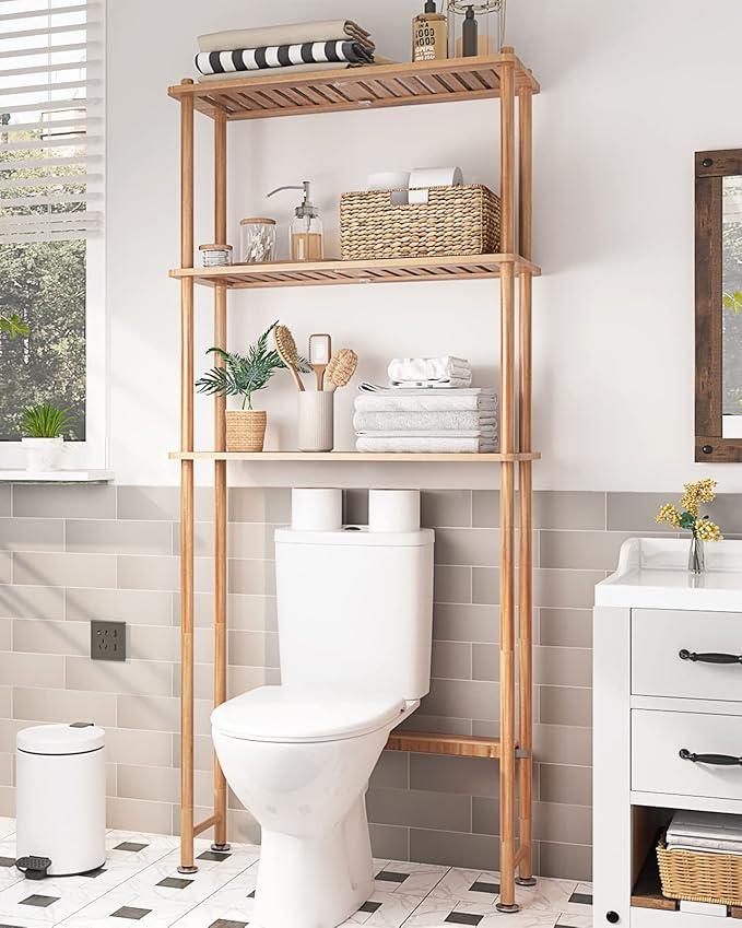 Over The Toilet Storage Shelf Bamboo, 3-Tier Over Toilet Organizer Rack, Freestanding Above Toilet Shelf for Bathroom, Laundry, Space Saver, Natural Color