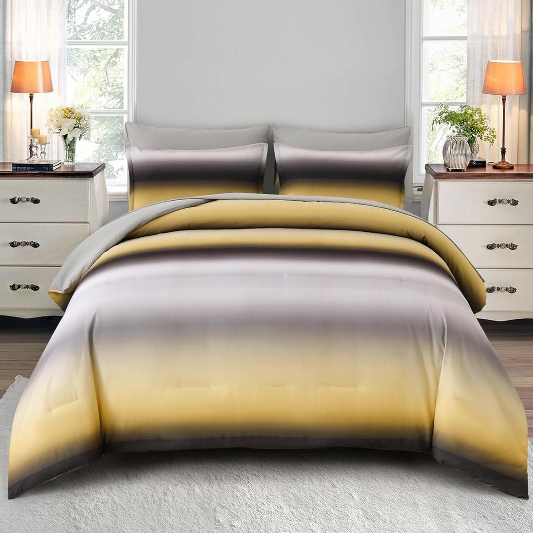 Dinjoy Boho Striped Ombre Yellow Comforter Set Full Size Gradient Yellow Grey Bedding Set for Teen Men Women 7 Pieces Bed in A Bag Bed Set with Comforter, Sheets, Pillowcases & Shams