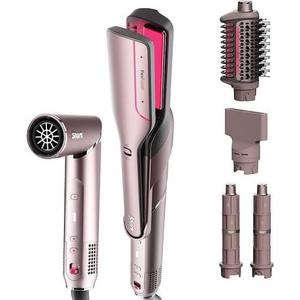 Shark FlexFusion Hair Straightener & Powerful Hair Dryer with Fusion Hair Brush, Ceramic Air Styler with Auto-Wrap Curlers & Concentrator, Ceramic Plates, Cosmic Blush HD641S