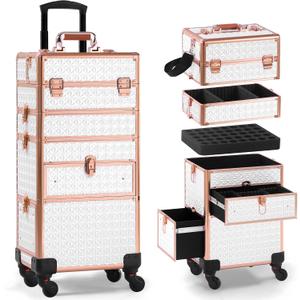 Makeup Train Case with Drawer, Rolling Makeup Case, Cosmetology Case on Wheels, Gift, Large Makeup Case Organizers, Professional for Salon Barber, Nail, Tattoo, White Gold