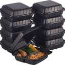 Jaluxing 8X8 3-Compartment 50-Pack Plastic Clamshell Takeout Food Trays Heavy Duty Togo Disposable Box Carryout Meal Prep Packaging Catering Hinged Containers With Secure Snap Lid 