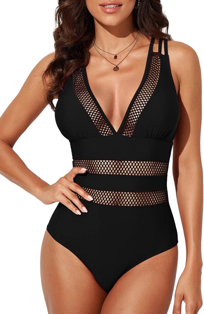 EVALESS One Piece Swimsuit Women Tummy Control Sexy Mesh V Neck Swimwear Summer 2025 High Waisted Cross Back Bathing Suits (1b Black) XL