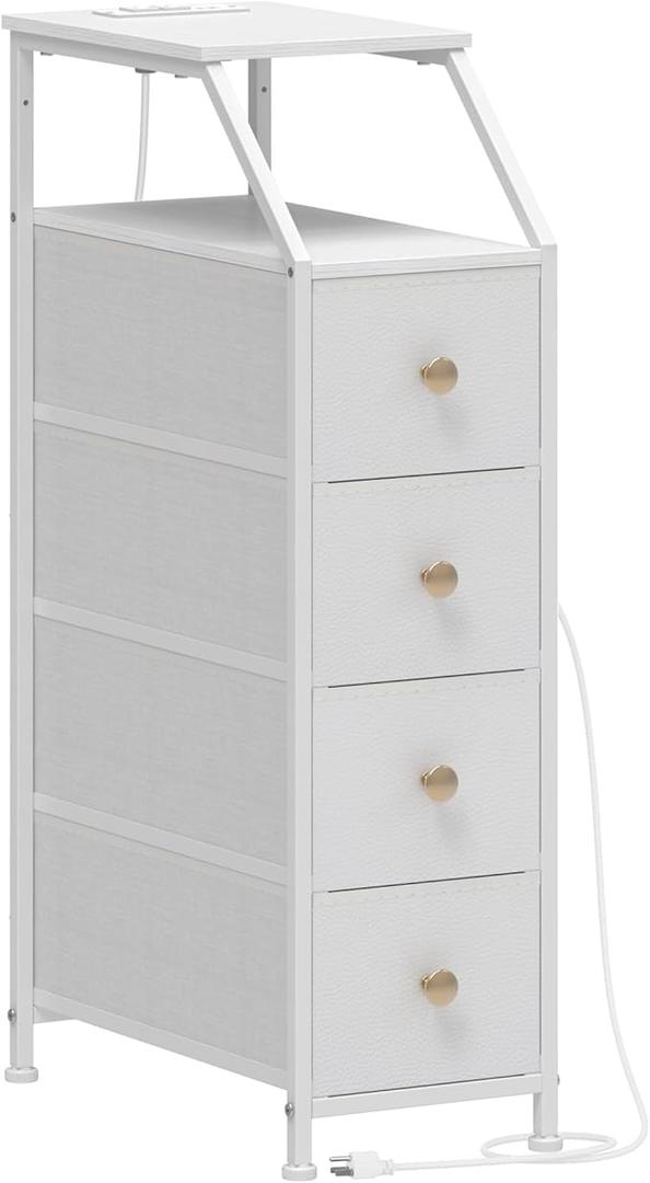 Dresser Tall Skinny Storage Tower Vertical Slim Chest of Drawers with Charging Station Small Nightstand Side Table for Bedroom, Bathroom, Small Spaces (White, 4 Drawers