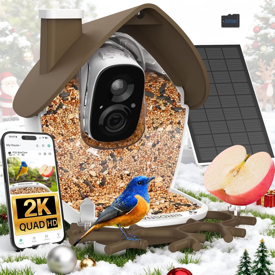 birdsnap P33 - Smart Bird Feeder with Camera Solar Powered, 2K Video Bird Camera Feeder Live with 32GB Card, AI Identify Feather Species, Auto Record in Backyard, Ideal Gift for Birds Lover (Brown)