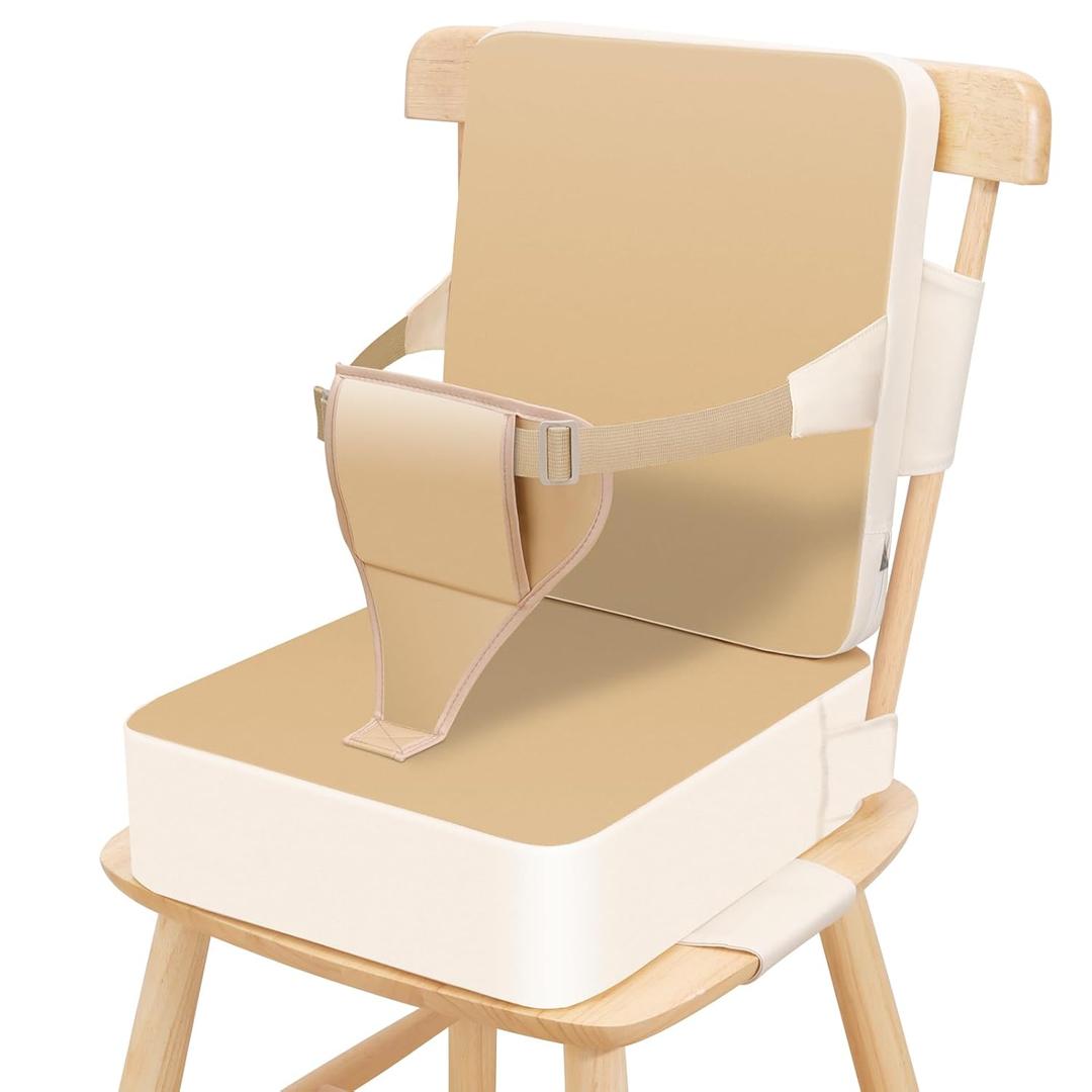 Toddler Booster Seat for Dining Table, Non-Slip Kitchen Chair Booster Seat with Backrest and Adjustable Straps, Portable PU Waterproof Travel Baby Booster Increasing Cushion (Khaki)