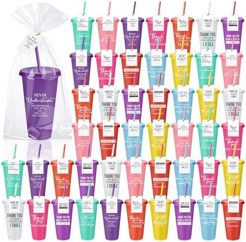 Tioncy 50 Set Housekeeping Week Appreciation Gifts Back to School Teacher Gifts Thank You Cups Plastic Tumblers with Lids & Straws 24 oz for Team Employee Staff Coworker (Appreciation, Multicolor)