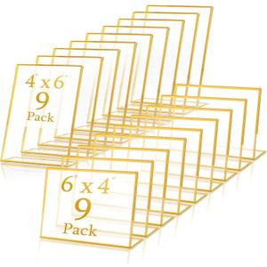 18 Pack Gold Frame Acrylic Sign Holder Wedding Table Number Slanted Clear Menu Holder Picture Document Brochure Double Sided Stands Photo Office Display(Vertical and Horizontal,6 x 4 In)