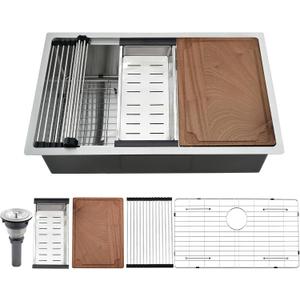 31 Undermount Kitchen Sink Workstation, 31x18 Inch Stainless Steel Kitchen Sink Single Bowl 16 Gauge Deep Handmade Round Corner Under Mount Home Sinks (Brushed Nickel)