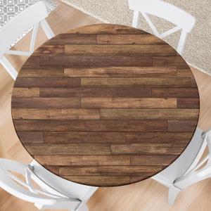 Farmhouse Round Fitted Tablecloth with Elastic Edge Wooden Brown Outdoor Tablecloth Waterproof Table Cover for Picnic Dinner Party Decor Fits 44-48" Diameter Round Tables