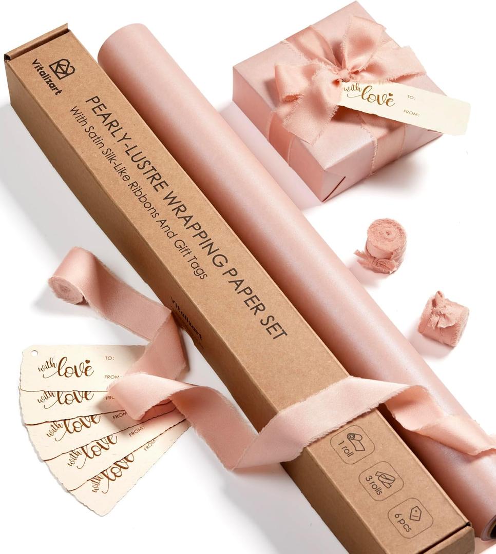 Vitalizart Pink Wrapping Paper Set 17" Pearly-Lustre With Silk Like Satin Ribbon & Gift Tags Recyclable Christmas Gift Wrapping Birthday Baby Shower Wedding Handmade Crafts 197"(16.4 Ft)