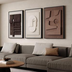 Large 3D Textured Framed Neutral Abstract Wall Art for Living Room, 3 Piece Modern Artwork for Walls, Minimalist White and Brown Geometric Wall Paintings for Hallway, Stair, Office Wall Decor 24x36 In, 24"W x 36"H x 3Pcs