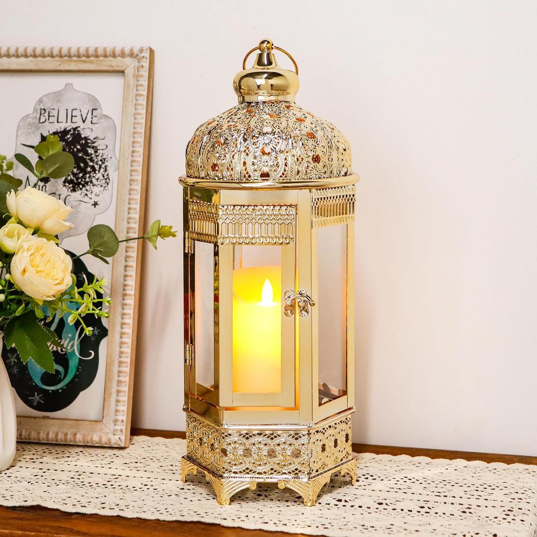 TRIROCKS Moroccan Candle Lantern16'' Gold Hexagonal Candle Holder with Tempered Glass Decorative Indoor Outdoor Ramadan Lantern for Living Room Garden Yard Patio Parties Events (Gold)