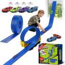 Flex Race Track 16 Ft with Suction Cups Compatible with Diecast 1/64th Cars, Flexible Car Track Toys for Ages 3+ Kids Toddlers Roll Out Portable Racetrack (Blue)