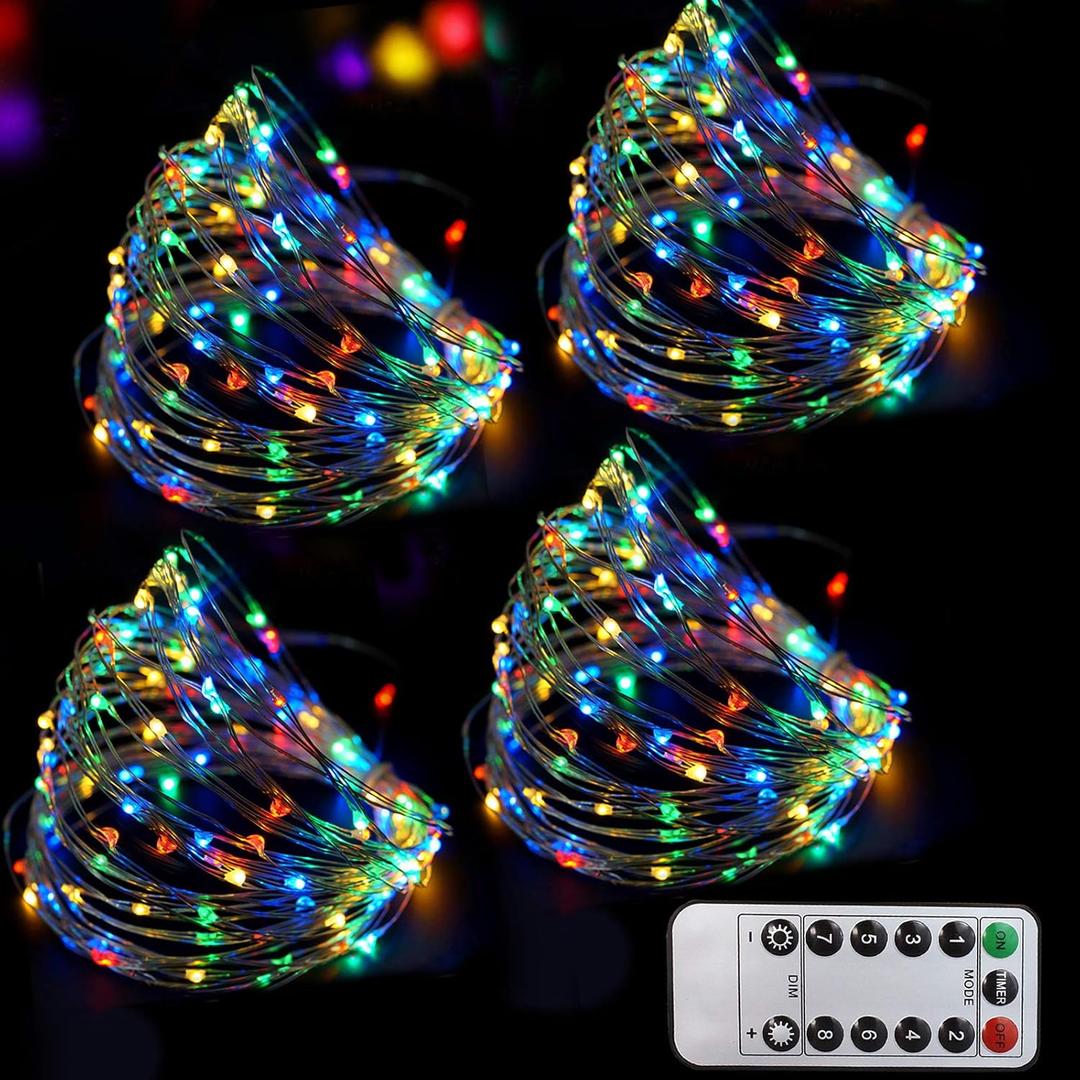 Bright Zeal 66 Ft 200 LED 8 Mode Multi Colored Christmas Fairy Lights Battery Operated with Remote Control Christmas Lights Outdoor Multicolor Waterproof -Twinkle LED String Lights Colorful (8 Lighting Modes - 6hr Timer - Remote Incl., Multi Color Glow - Silver Wire)
