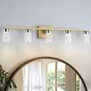 5-Light Brushed Gold Bathroom Light Fixtures, Dimmable Vanity Light with Clear Glass Shade, Crystal LED Bathroom Lights Over Mirror for Bedroom, Living Room, Hallway, Farmhouse (Gold (5-Light))