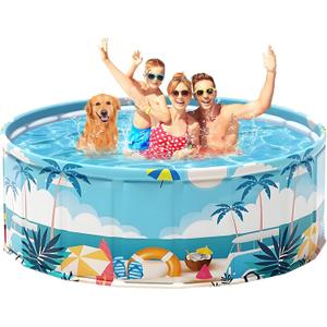 Foldable Swimming Pool for Kids 78.7"x17.7" Hard Plastic Portable Dog Pool Anti-Slip Collapsible Large Kiddie Pool Indoor Outdoor Backyard (Beach Party 79'')