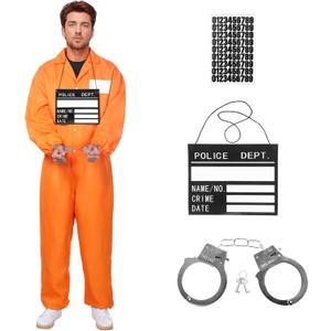 Inmate Costume Men, Orange Prisoner Costume Jail Jumpsuit Convict Outfits Halloween Costumes for Men (Small, Style B)