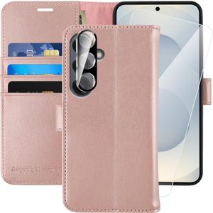 MONASAY Wallet Case Fit for Samsung Galaxy S25 5G, [Lens & Glass Screen Protector Included] [RFID Blocking] Flip Folio Leather Cell Phone Cover with Credit Card Holder, 6.2 inch, Rosegold