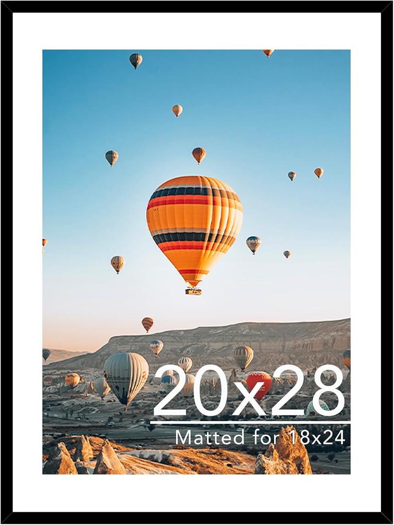 JCJMY 20x28 Picture Frame with 18x24 Mat, Display Photo 18x24 with Mat or 20 x 28 Without Mat, Wall Hanging Large 20 by 28 Poster Frame with Plexiglass, Black