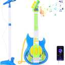 deAO Guitar and Microphone Set for Kids, Adjustable Height Microphone with Stand 8 Music Cord Keys Songs String Bar Colorful Light, Karaoke Toys Pretend Play Guitar Gift for Boy Girls Toddlers, (Blue)