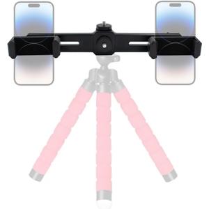 Dual Phone Holder Smartphone Tripod Mount Adapter, Universal 360 Rotation Adjustable Clip Stand for Vlog Live Streaming Video Recording, Compatible with 1/4'' Screws, Black