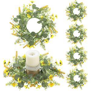 Suncalla 6 Pcs Spring Daisy Candle Rings Wreaths for Kitchen Cabinet Artificial Yellow Flower Mini Wreath Pillar Candle Holder for Easter Wedding Party Tabletop Centerpiece Decor