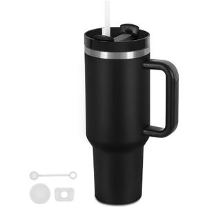 40 Oz Tumbler with Handle, Double Wall Vacuum Insulated Stainless Steel Tumbler with Lid and Straw, 40 oz cup with Silicone Spill Proof Stopper Set (Black-1)