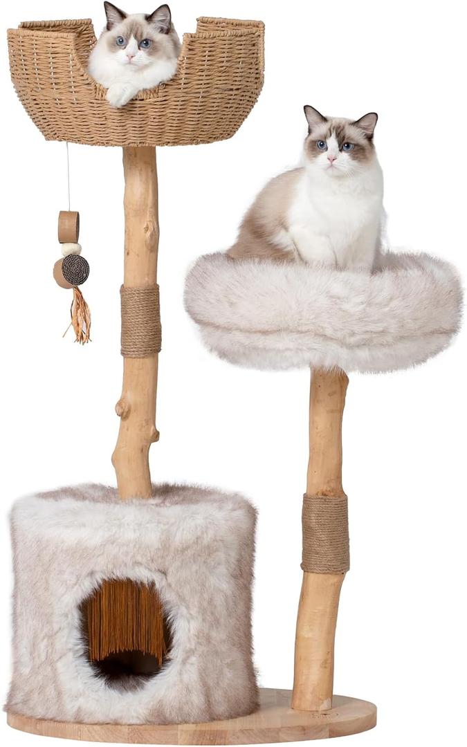 PEGIC Cat Tree Tower for Cats with Two Real Branches, 44 Inch Wood Modern Cat Tower with Luxury Cat Condo, Cat Scratching Post, Jumping Platforms, Cat Furniture (Long Plush)