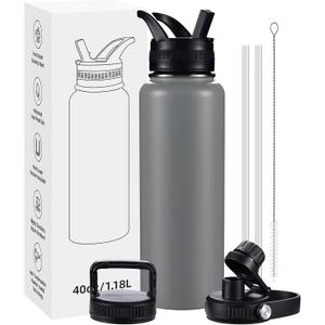 Insulated Water Bottles with Straw 40 oz Leak Proof, Vacuum Insulated Stainless Steel Sport Tumbler with 3 Lids Straw, Spout and Handle Lid for Sports, Gym or Office,Grey