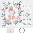 Baby Monthly Milestone Blanket for Baby Girl, Newborn Age Months Blanket Photo Prop with Growth Chart, Floral Wreath & Headband