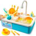 Color Changing Play Sink with Running Water, Kids Sink Toy with Electric Dishwasher, Chopping Sounds and Automatic Water Cycle System, Pretend Play Kitchen Sink for Toddler Birthday Gift for Christmas (Blue)