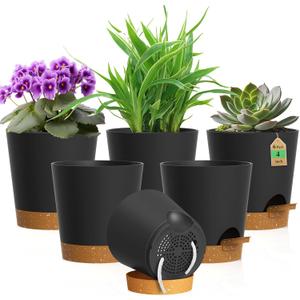 WSMKSZ 4 inch Self Watering Pots for Indoor Outdoor Plants, 6 Pack Plastic Flower Planters with Drainage Holes and Removable Saucers, Plant Pots with Wicking Rope, Modern Decor, Black Brown