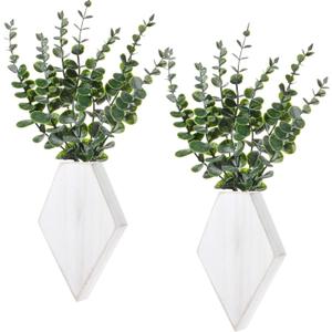 Chunful 2 Pcs Wooden Wall Planter Decor Hanging Fake Plants Greenery Flowers Holder Vase Boxes for Wall Farmhouse Bohemian Living Room Bedroom Kitchen Office Indoor Decoration (Retro White)