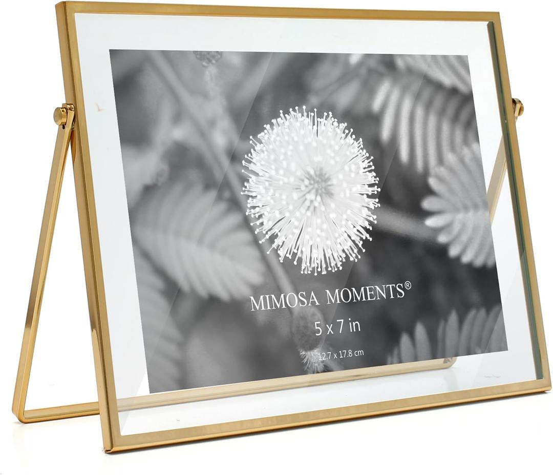 MIMOSA MOMENTS 5x7 Brass Metal Floating Picture Frame, Horizontal Double Glass Tabletop Display, Modern Minimalist Photo Frame for Home & Office Decor (7x5)