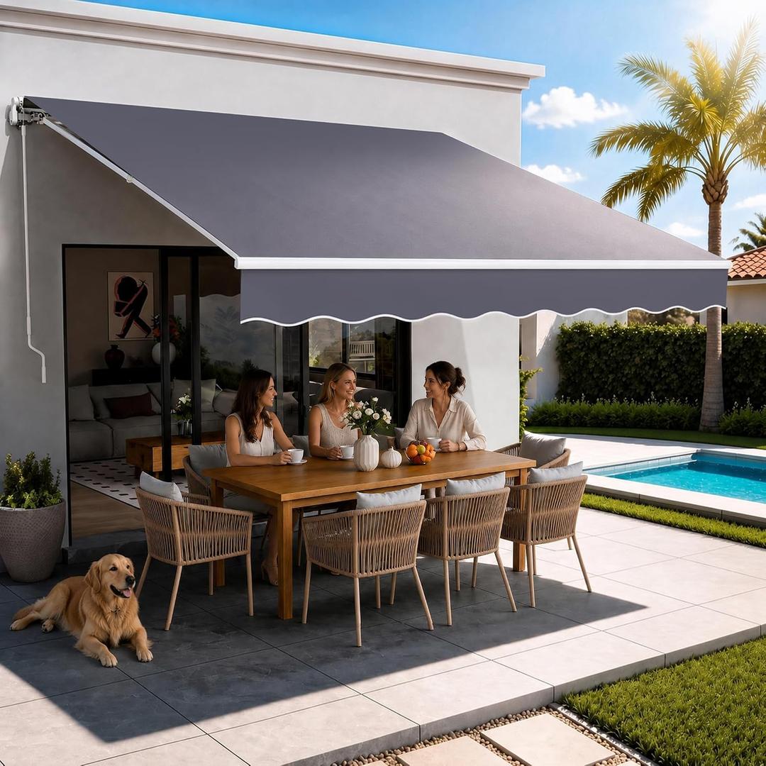 Manual Retractable AwningOutdoor Patio Awning Retractable Sun Shade, Water-Resistant Polyester Patio Door Window Awning Sunshade Shelter with Crank Handle for Backyard, Balcony