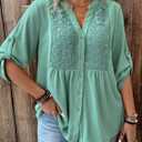 MSHING Women's Plus Solid Color Casual top 3/4 Sleeve V-Neck Hollowed Out Embroidered Button up Shirt (Green, XXXL)