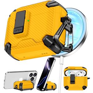 Compatible with AirPods 4 Case, Magnetic Automatic Lock with Phone Stand & Cleaning Kit, Compatible with Magsafe, Carbon Fiber Texture Cover - Yellow