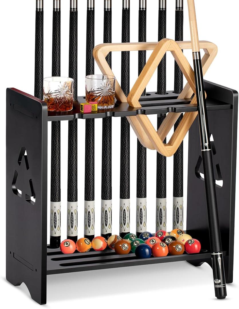 Pool Cue Stick Holder - Floor Stand Billiards Pool Cue Rack Oak Solid Wooden Holds 9 Cues and Pool Table Accessories Organizer