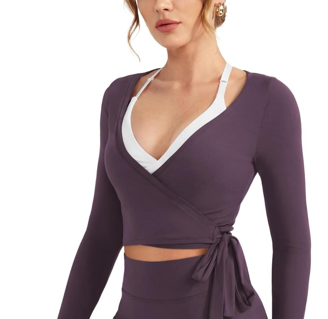Women Ballet Wrap Top Long Sleeve Shirt Blouses Y2K Workout Gym Active Adjustable Tie Shirt Tops L