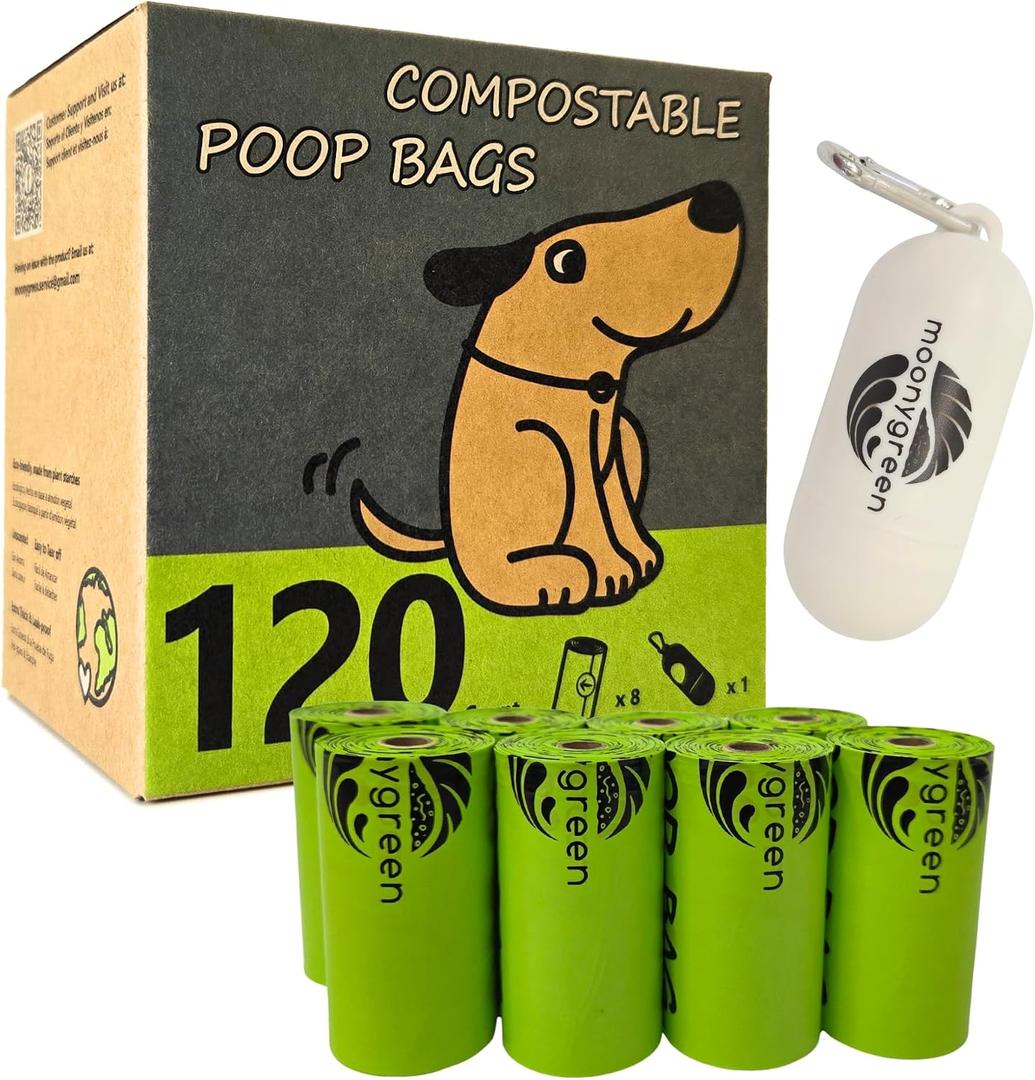 Dog Poop Bag with Holder, Compostable Dog Bags for Poop, Vegetable-Based Doggy Poop Bags, Eco-Friendly, Unscented, Extra Thick and Leak Proof, 120 Counts, 10 Rolls, 9 x 13 Inches