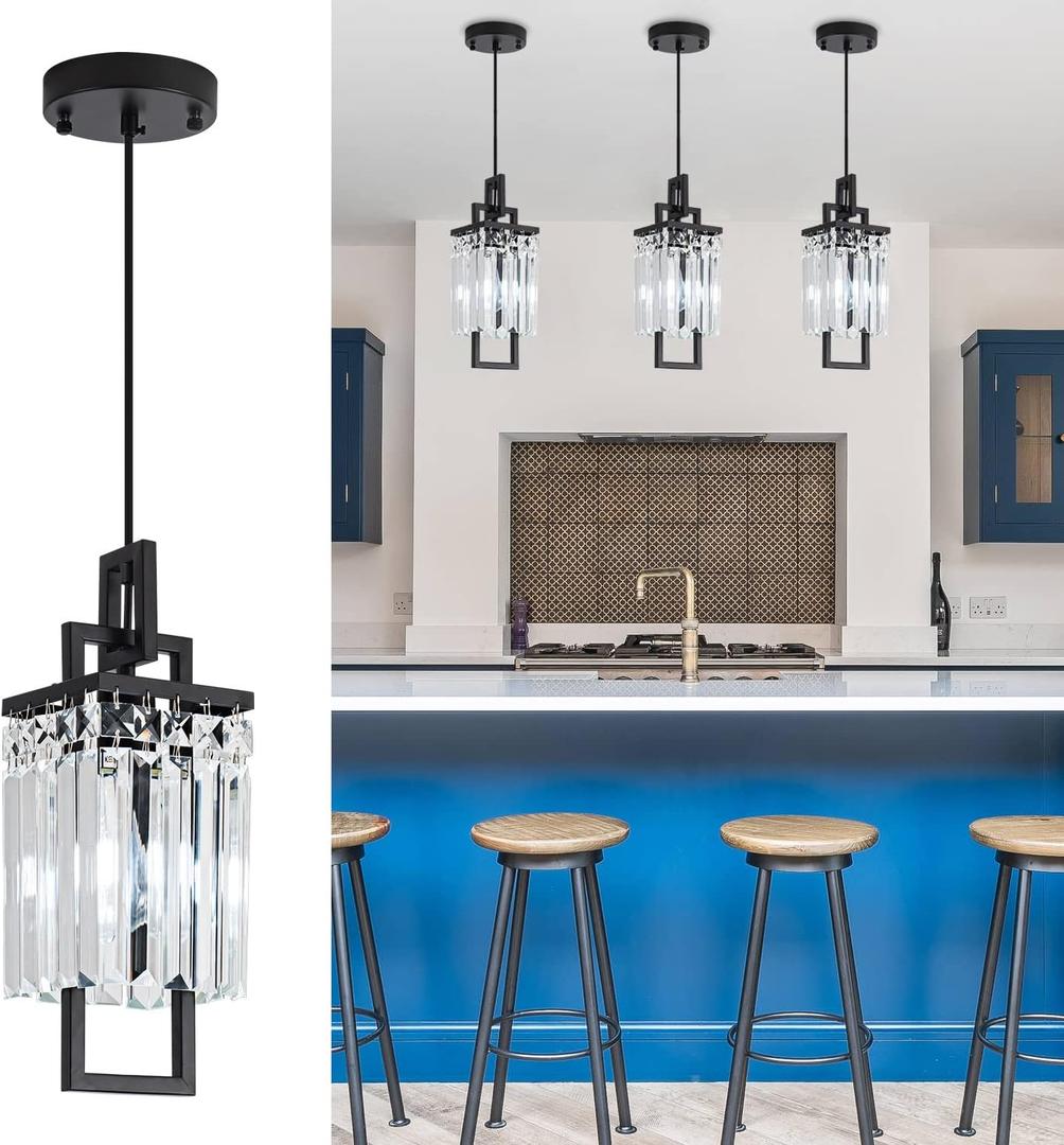 Modern Black Pendant Light Fixtures for Kitchen Island and Dining Room, Industrial Small Hanging Crystal Chandelier Light Fixture for Bedroom Entryway Living Room Foyer Hallway 3-Pack (1-Light Pendant Light, 3-Pack, Black, 3-Pck)