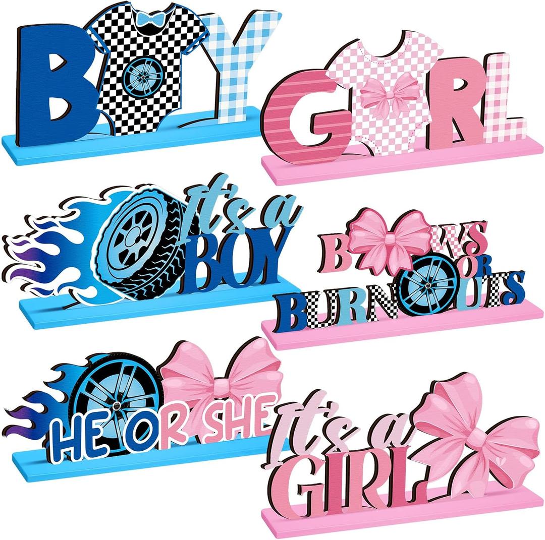Suzile 6 Pcs Burnouts or Bows Gender Reveal Party Wooden Centerpieces Table Toppers for Boys Girls Blue and Pink Car Wheel Bow Tie Party Decoration Supplies for He or She Gender Reveal Baby Shower
